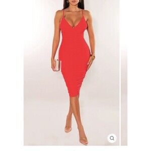 Hot Miami Styles Red Ruched Bodycon Midi Dress Sexy V Neck Size M